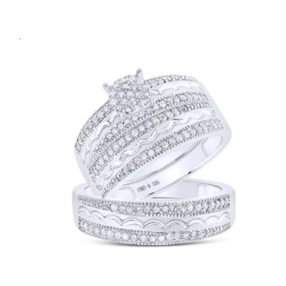 Genuine diamond wedding ring set, 10k white gold vermeil real diamond ring set